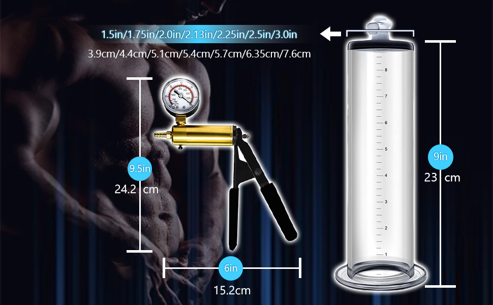 Насос для збільшення пеніса: ручний вакуумний насос з манометром та 6 силіконовими кільцями. Іграшка для чоловіків, збільшувач пеніса. Діаметр: 6.35 см