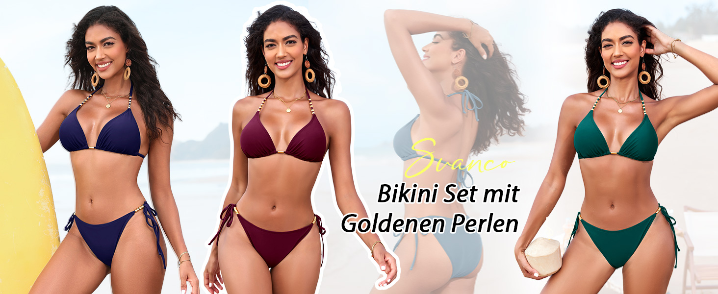 Бікіні Triangel Daen з золотими перлами, топ-халтер з підтримкою та трусики-стрінг на зав'язки (ХAKI, XL)