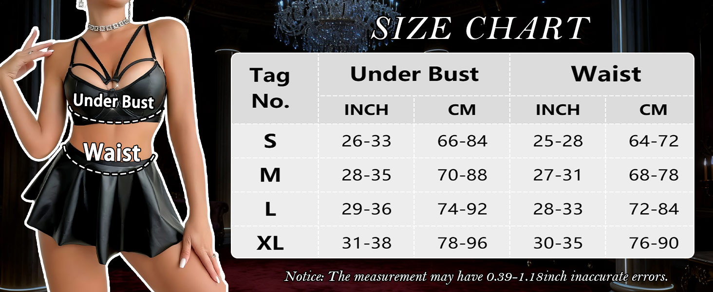 Комплект спідньої білизни FEOYA: бюстгальтер, труси G-string, спідниця з лакованого шкіряного ефекту, чорний, з ланцюжком, розмір M