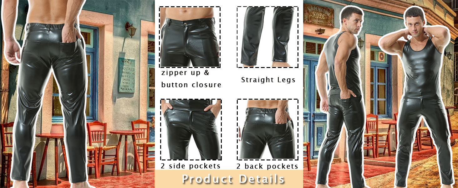 Чоловічі штани з екошкіри QiaTi - стильні прямі штани з еластичною тканини для мотоциклів та нічного клубу, чорного кольору, розмір L