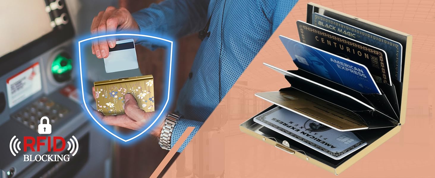 Металевий картхолдер з RFID-захистом від скіммінгу, ультратонкий гаманець для банківських карток (6 слотів, золото, з квітковим принтом) для жінок та чоловіків