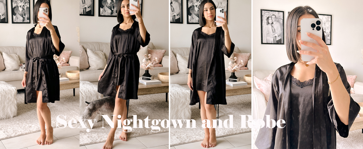 Світшот жіночий Екауер з нічною сорочкою, комплект сатину, сексуальна нічна сорочка, короткий халат, неглиже, весільний комплект, 2 шт., колір шампань, розмір XL