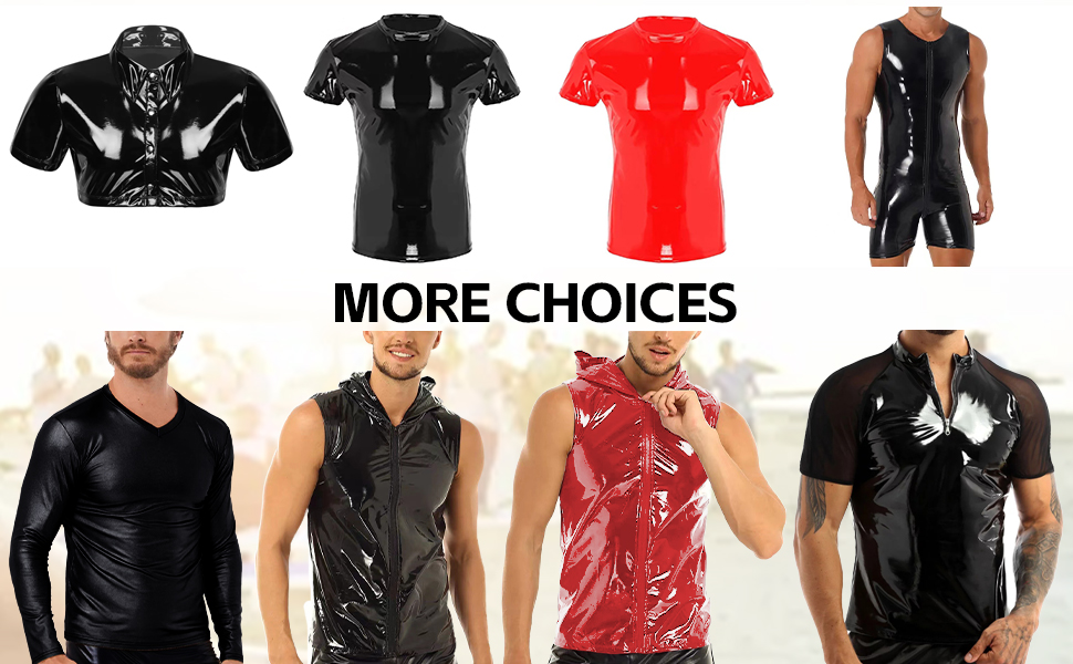 Чоловіча сорочка з лакованої шкіри, Wetlook, коротка, чорна - AIEOE