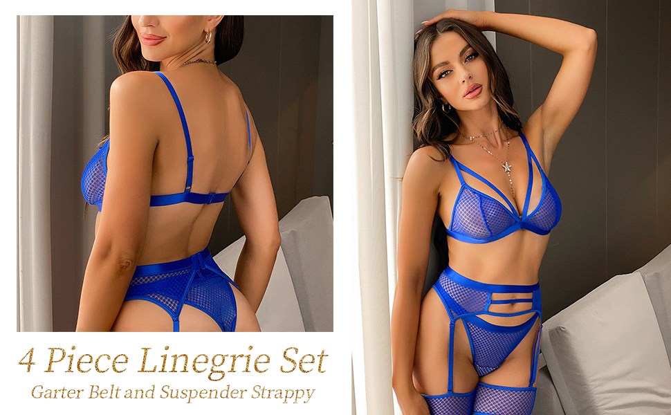 Сексуальний комплект нижньої білизни Aranmei з 4 частин для жінок: мереживний бюстгальтер, труси з високою талією, пояси для панчіх та страпи, розмір 38, колір рожевий