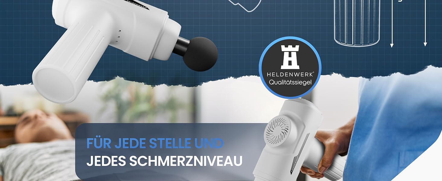 Міні-перкусійний масажер HELDENWERK — компактна масажна пістолет-ган з 6 насадками, низький рівень шуму (Білий)