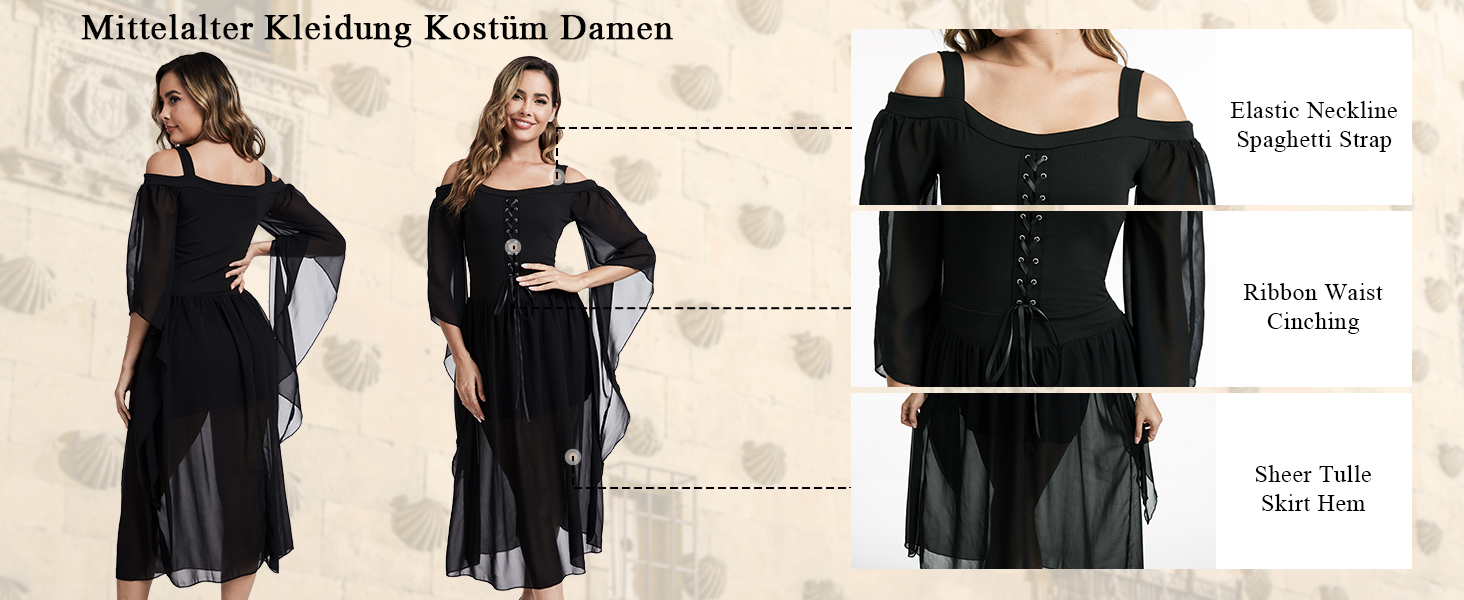 Костюм Ренесанс для жінок: середньовічне плаття з рукавами-трубами, готичне максі, для карнавалу, Хелловіну, вечірки, чорний
