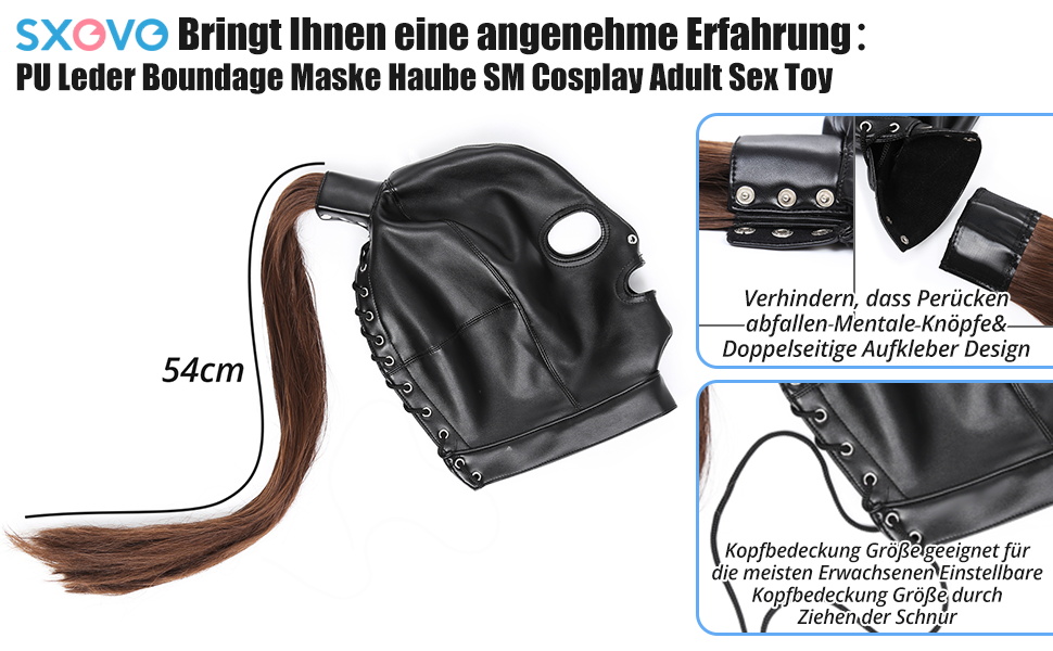 Маска для голови з екошкіри SXOVO Flirt для BDSM-ігор, знімною перукою