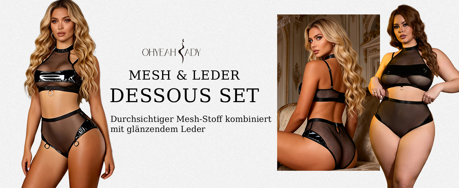 Сексуальна спідня білизна Ohyeahlady з шкіри та сітки, великі розміри, комплект для рейву, прозорий топ та шорти, чорний (упаковка поштучно) XXL