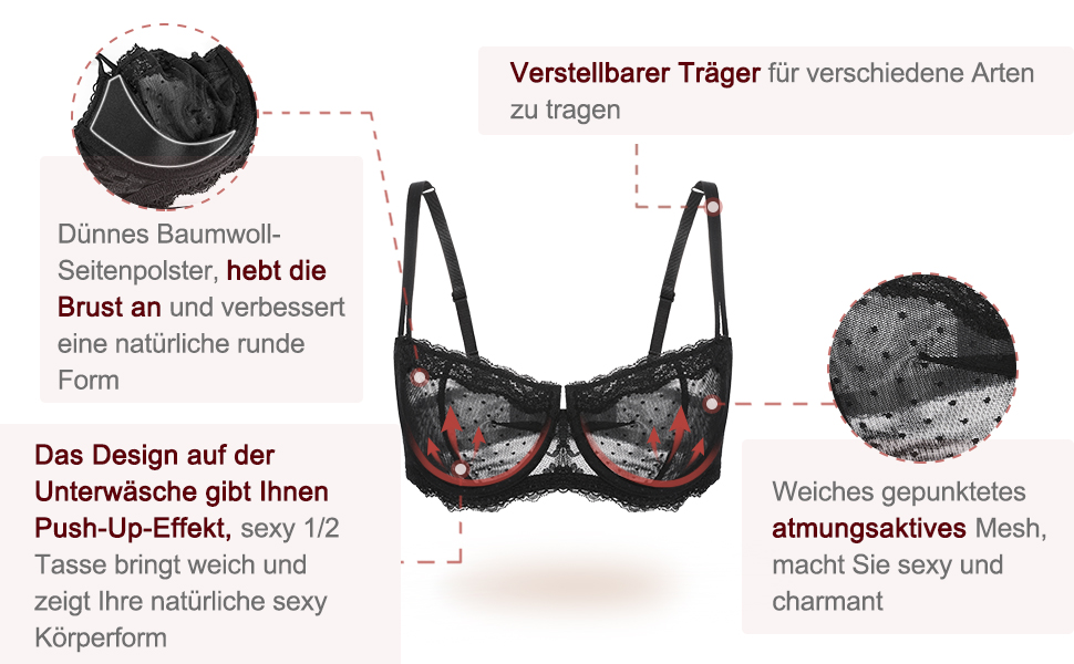 Чорний балконетний бюстгальтер DotVol з пуш-ап, великі розміри, без підкладки, 85B