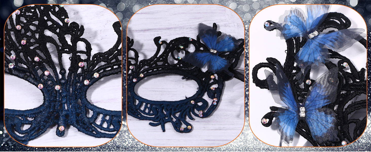 Набір з 3 шт. Венеціанська маска з мереживом та метеликами, оздоблена стразами. Ідеально для карнавалу, Хелловіну, вечірки, маскараду. Стиль 1920-х, вінтаж, для жінок.