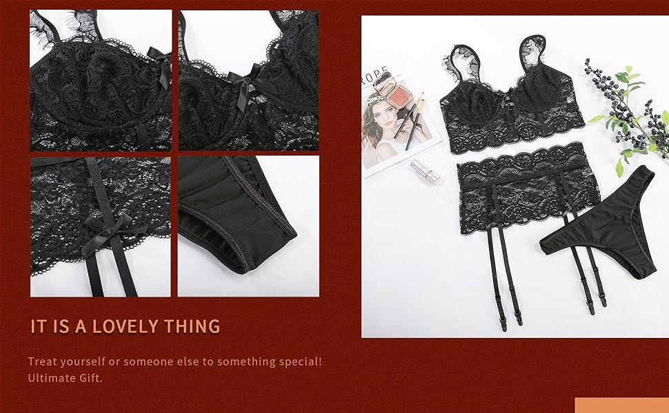 ЕVELIFE Комплект нижньої білизни для жінок: бюстгальтер та труси (3 шт.) - мереживний комплект, висока талія, стрінги, чорний, розмір 46