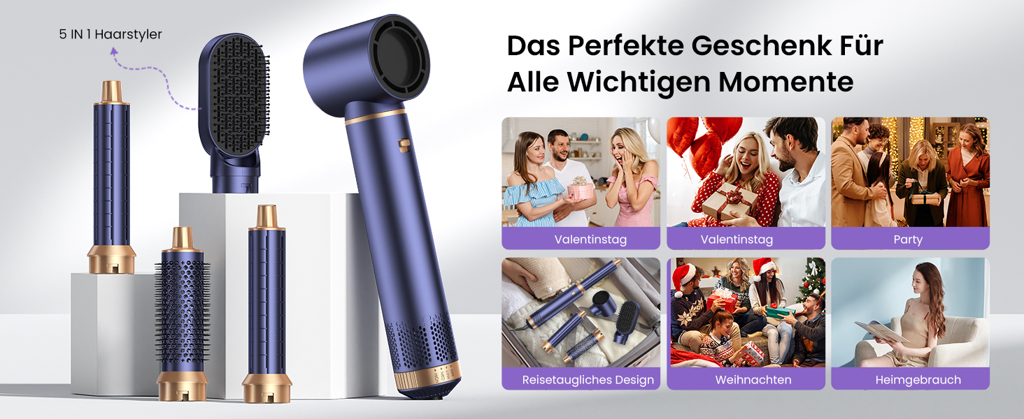 Мультистайлер для волосся 5 в 1 MogaWave Airstyler Pro 1000W: фен-щітка, плойка для локонів з іонізацією, набір для об'єму та укладки (фіолетовий)