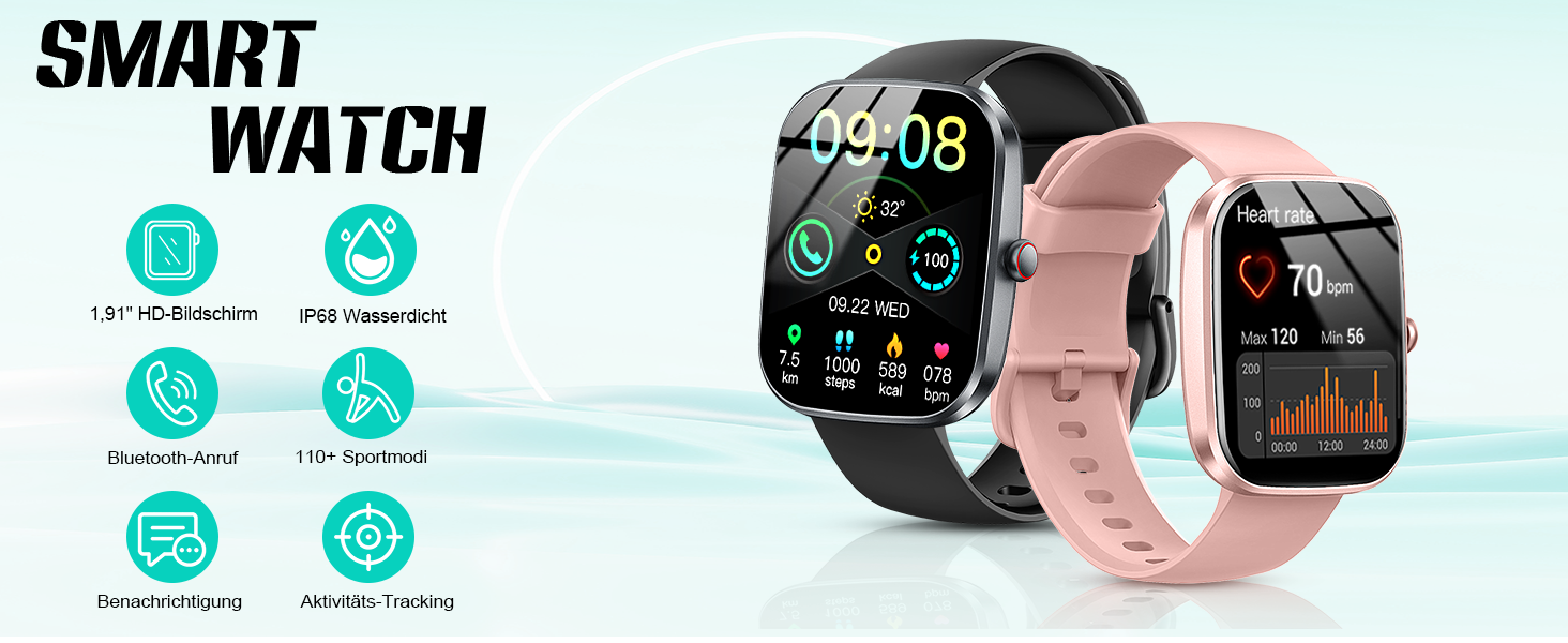 Смарт-годинник унісекс 1.91'' HD 2026 з Bluetooth, фітнес-трекер з пульсометром, моніторингом сну та SpO2, 113+ спортивних режимів, водонепроникний IP68 для Android та iOS (Рожевий)