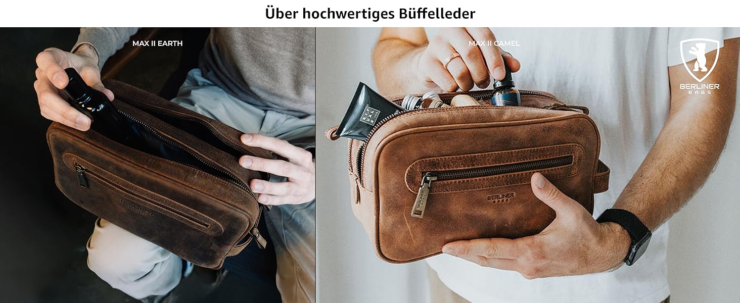 Шкіряна косметичка для подорожей Berliner Bags Vintage Kulturbeutel Max, велика сумка для гігієни з 2 відділеннями, унісекс, колір коричневий камель