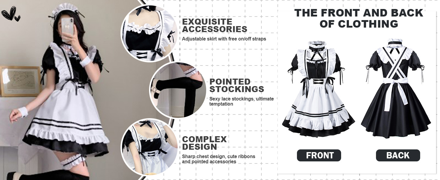 Костюм французької служниці: сукня для косплею в стилі аніме, класичний набір для Хелловіну та Різдва, чорний колір