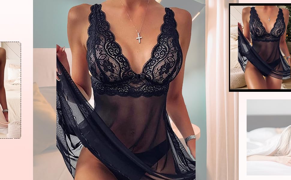 Жіноча нічна сорочка-сукня з мереживом, сексуальний комплект нижньої білизни з глибоким V-подібним вирізом, комплект преміум-якості, чорний колір, розмір M
