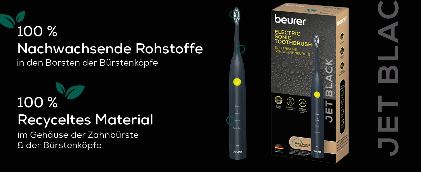 Електрична звукова зубна щітка Beurer SC 30 Jet Black: 4 режими чищення, 80 000 вібрацій, LED-дисплей та акустичний таймер, 2 насадки, еко-корпус