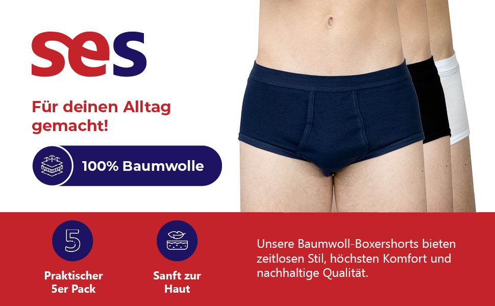 Чоловічі труси SES Feinripp, 5 шт. в упаковці, бавовна 100%, для чоловіків, м'який пояс, білі (M, чорні)