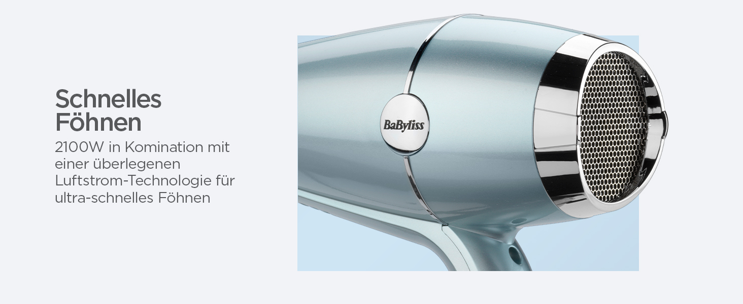 Професійний іонний фен BaByliss Hydro-Fusion 2100W з дифузором та концентратором, плазма-технологія для блиску та гладкості волосся, 3 режими температури, 2 швидкості, синій, D773DE