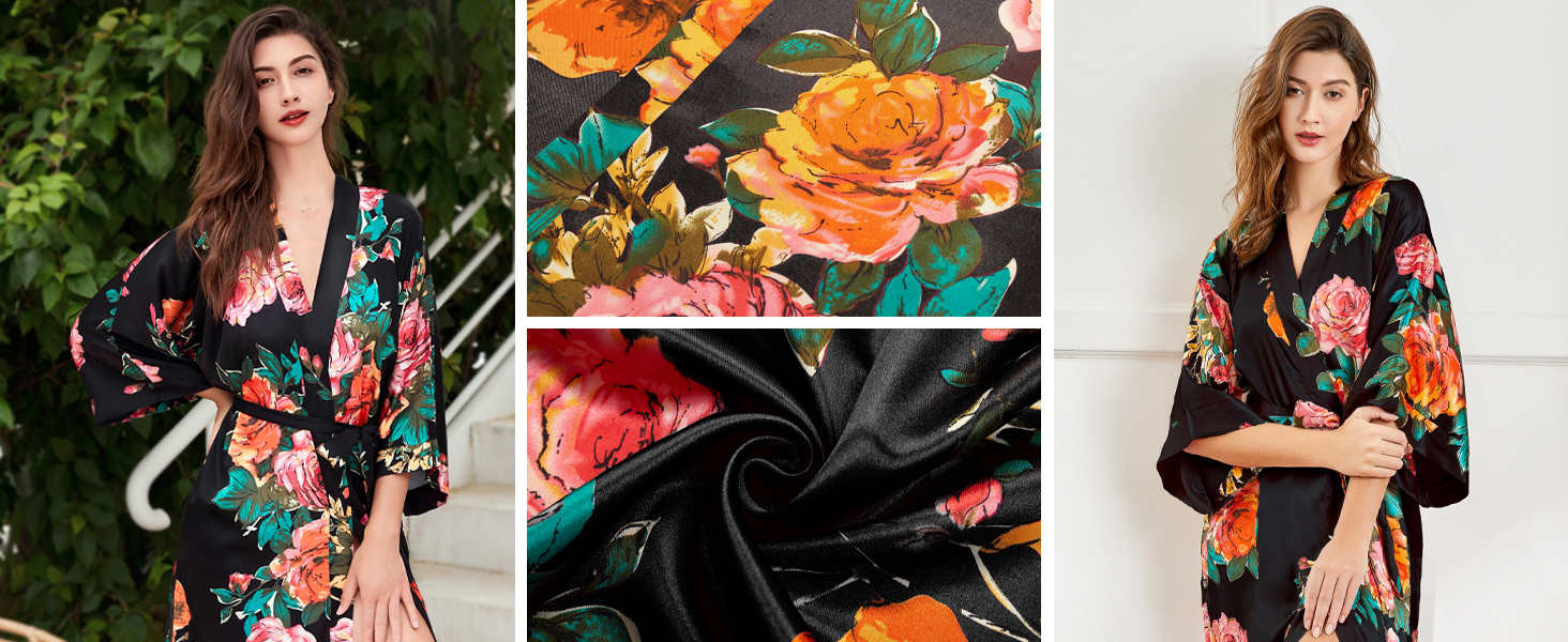 Халат жіночий шовковий максі з квітковим принтом, Babeyond | Халат, кімоно, піжама, для дому