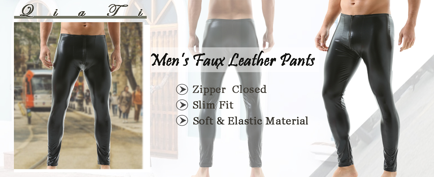Чоловічі штани-легінси з екошкіри QiaTi, чорні, на блискавці, облягаючі