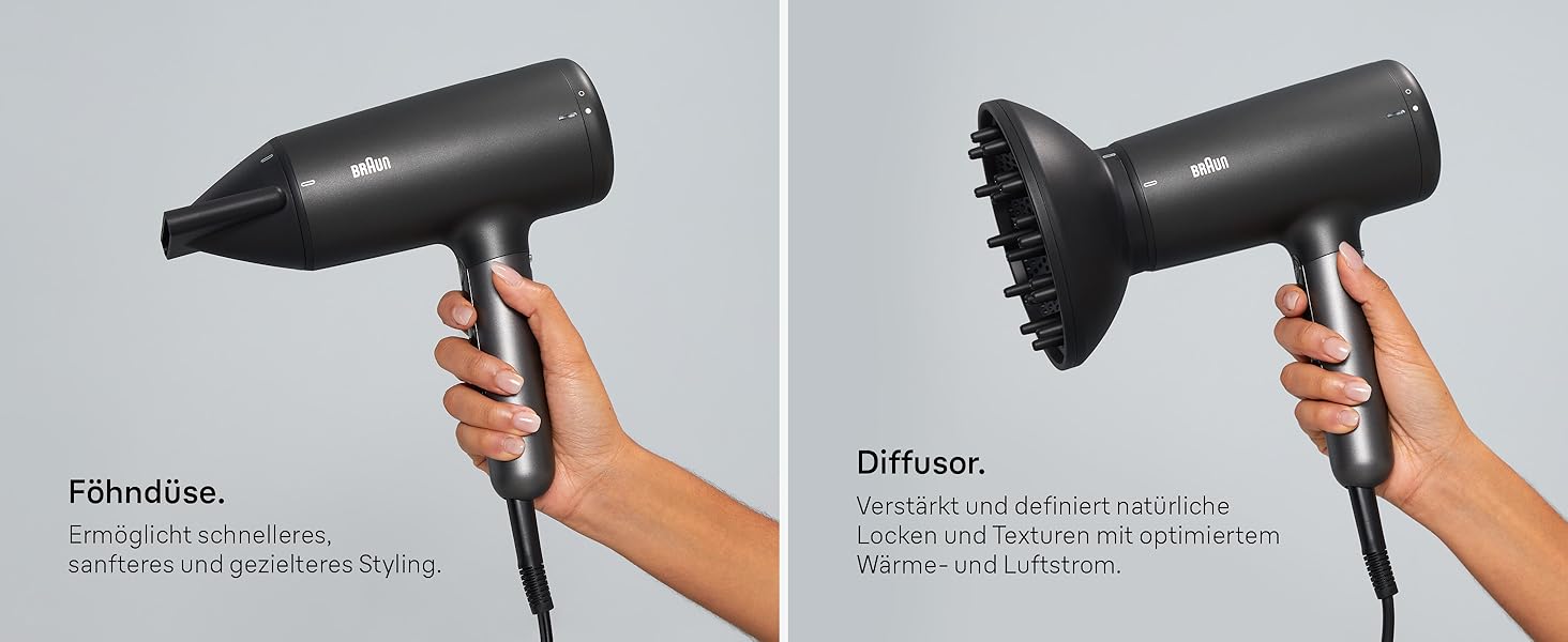Фен для волосся Braun Haartrockner HD4.2 з дифузором та насадкою для стайлінгу, технологія Super IONTEC, 2100 Вт, 3 температури та 3 швидкості, чорно-сірий, BRHD425E