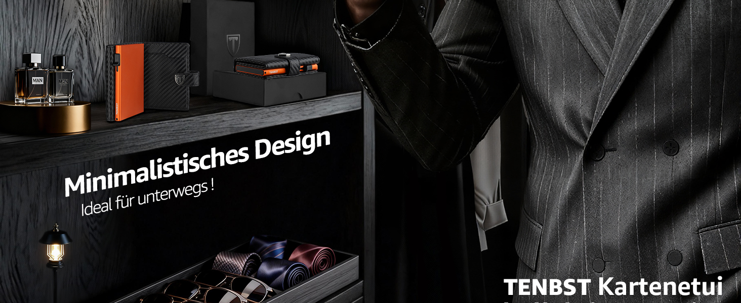 Тонкий чоловічий гаманець TENBST з RFID-захистом та монетницею, преміум шкіряний картхолдер на 10 карток, чорно-помаранчевий