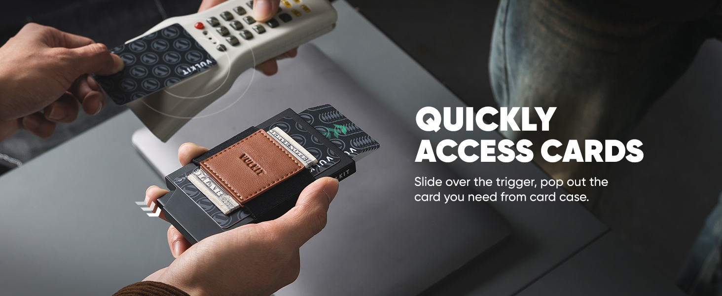 Слимок металевий картхолдер VULKIT Vc408 з Pop-Up механізмом, RFID-захистом та грошовим ремінцем, чорний