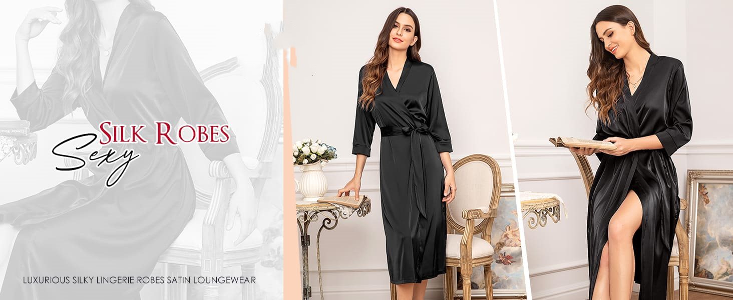 Халат жіночий атласний Ecouaer, легкий, довгий, з кишенями, S-XXL, колір шампань