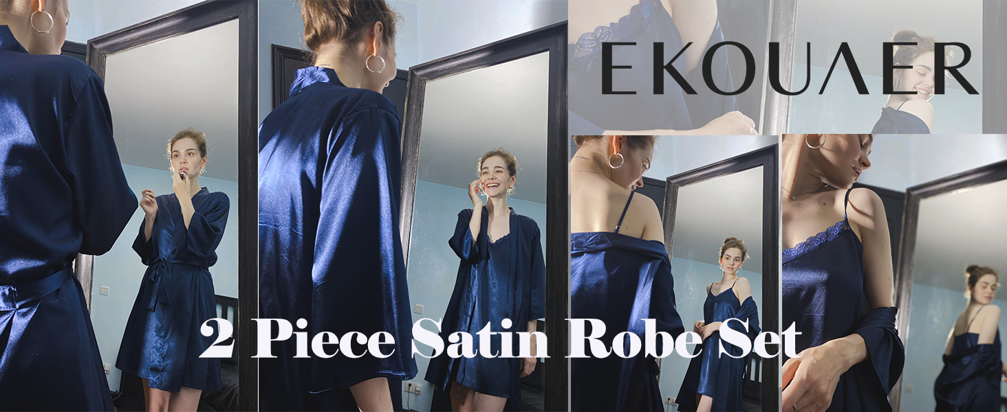 Світшот жіночий Екауер з нічною сорочкою, комплект сатину, сексуальна нічна сорочка, короткий халат, неглиже, весільний комплект, 2 шт., колір шампань, розмір XL