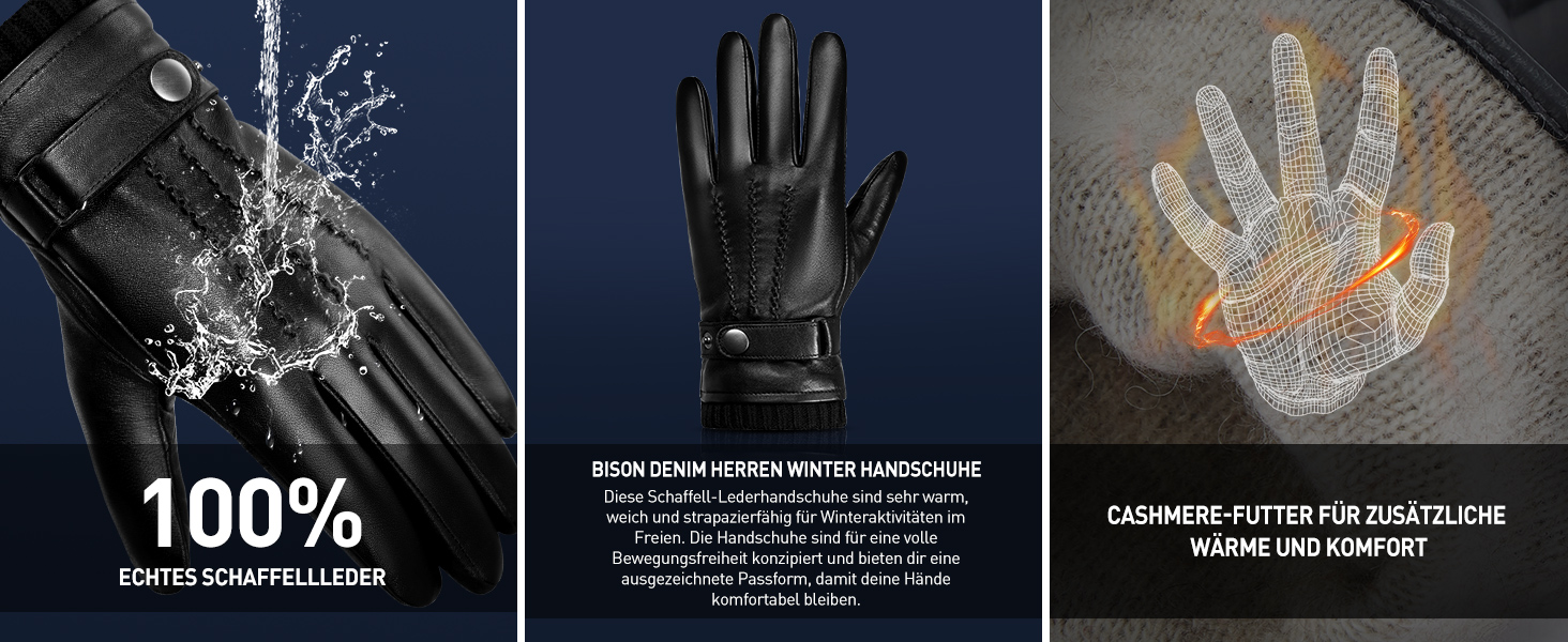 Чоловічі зимові шкіряні рукавички BISON DENIM з кашеміром, сенсорні рукавички для водіння, теплі та еластичні, чорні, розмір M