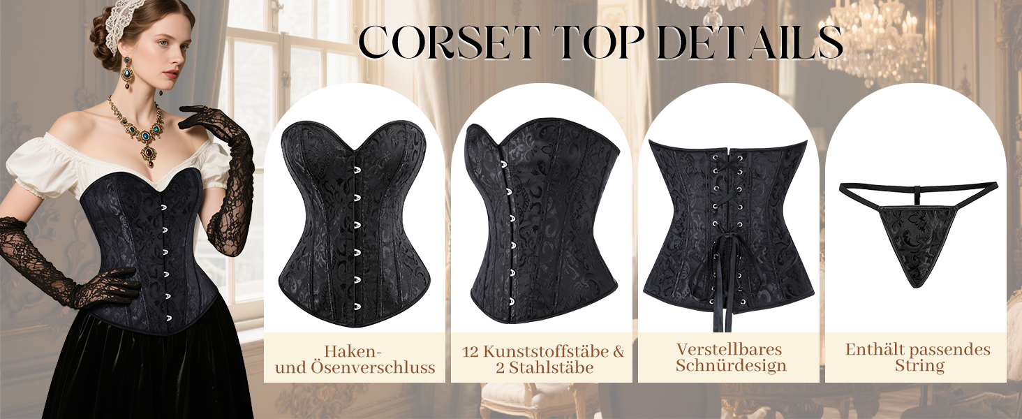 Корсетний топ WERFORU для жінок з повним бюстом, чорний, готичний стиль, вінтаж, для карнавалу та Хелловіну