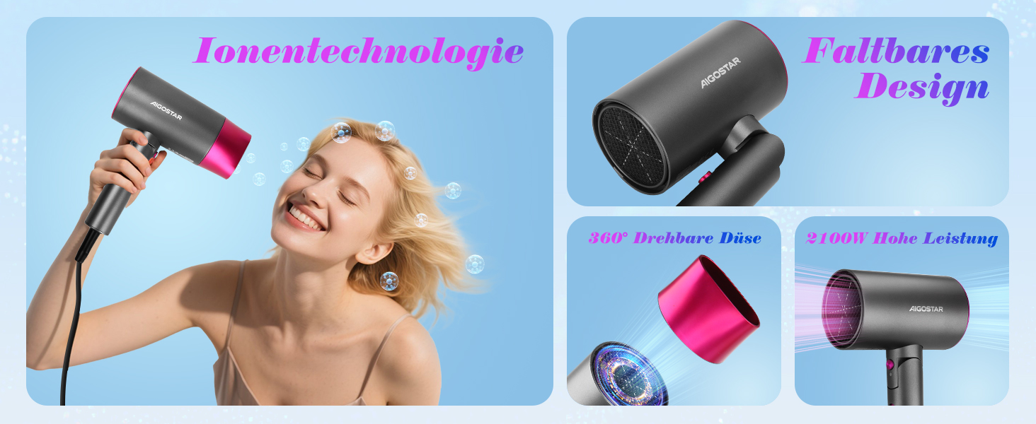 Складаний дорожній фен для волосся Aigostar 1800W з іонною технологією, 2 режими нагріву та холодний обдув, сірий