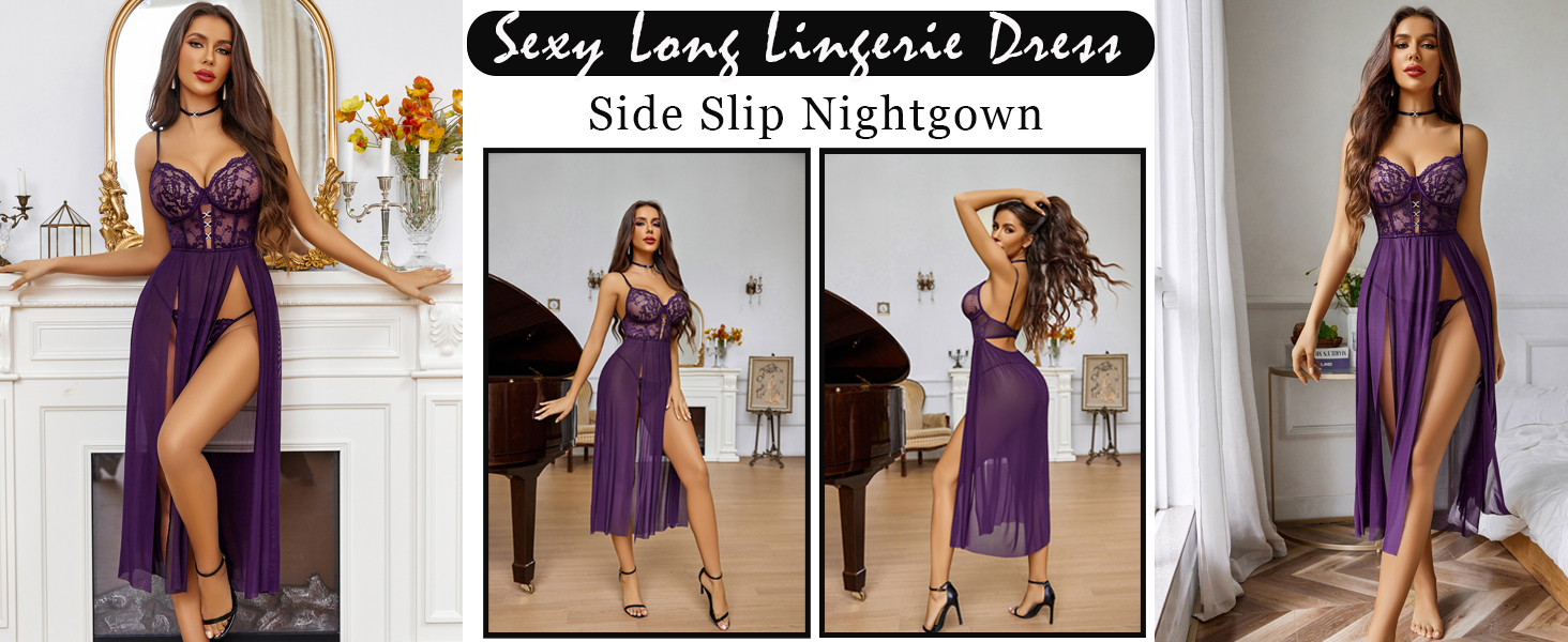 Avidlove Сексуальна спідня білизна для жінок: комплект з мережива, мереживна нічна сорочка-бабочка, корсет, нічне вбрання з боковим розрізом, XL, чорний