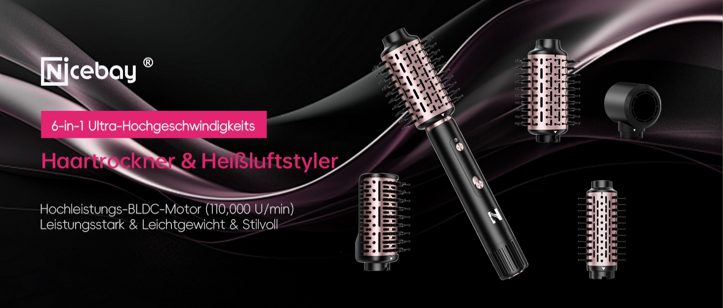 Професійний іонний фен для волосся NICEBAY 1900W з дифузором, високошвидкісний BLDC двигун 110000 об/хв, 4 температурних та 3 повітряних режими, легкий та тихий, чорно-золотий