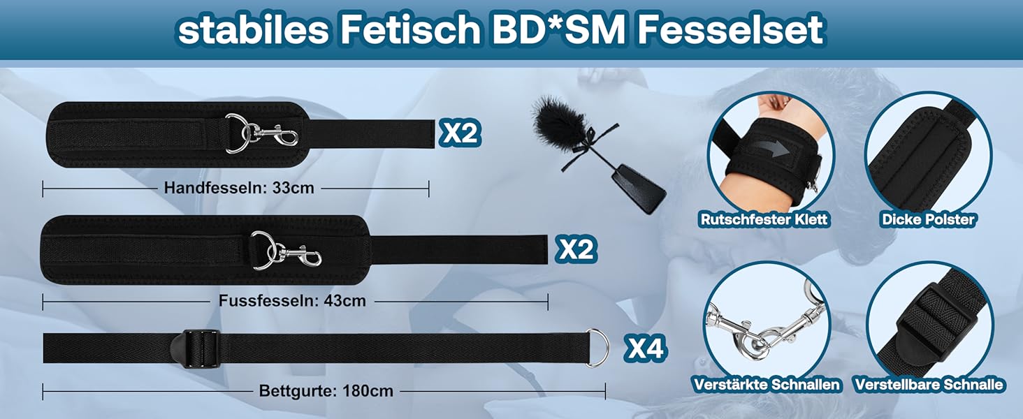 Набір для БДСМ-фетишу: комплект для пар, з наручниками, фіксаторами для ніг, пов'язкою на очі та пір'ям. Регульовані фіксатори від шиї до зап'ястя. Чорний колір.
