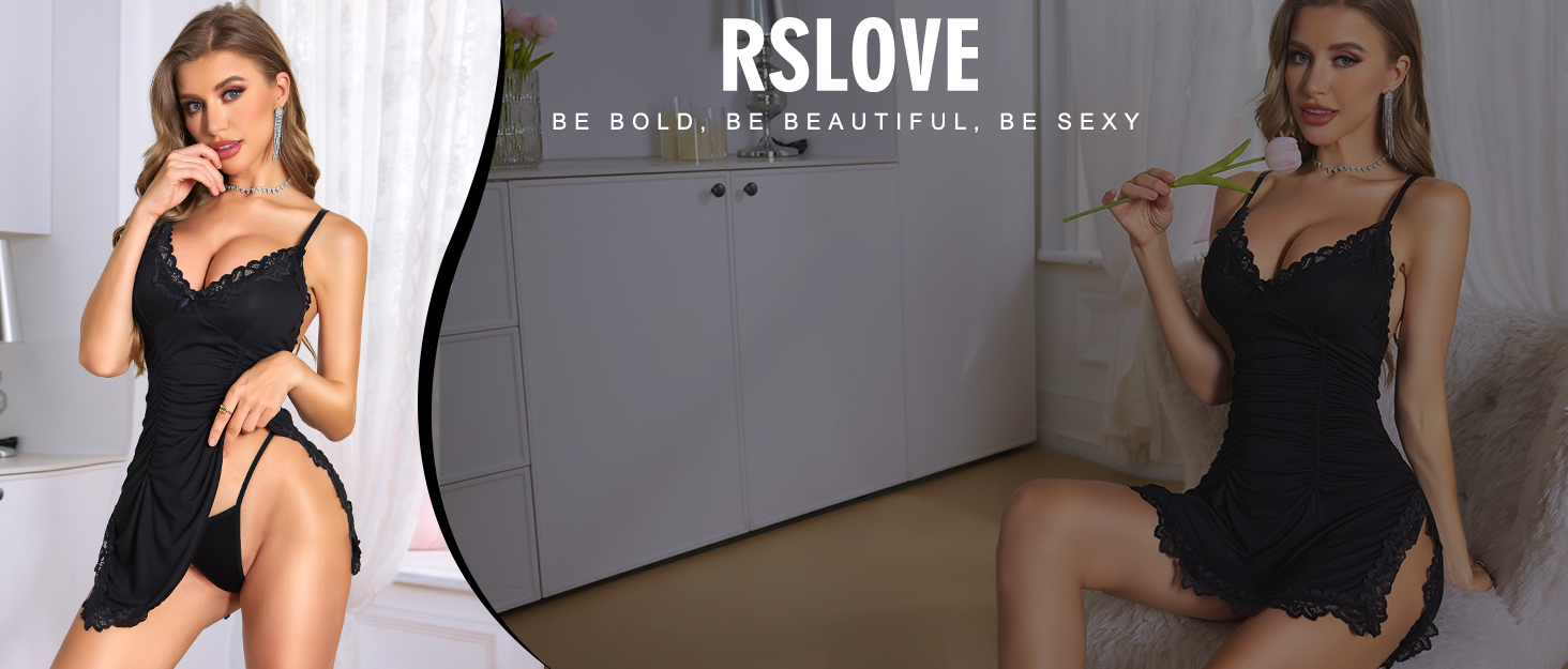 RSLOVE: Сексуальна нічна сорочка-бабідолль для жінок - мереживна піжама, сукня, чорний, розмір M