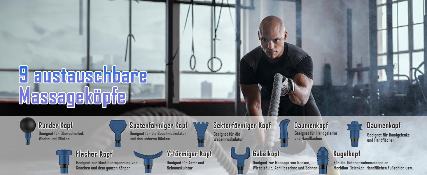 Перкусійний масажер Massage Gun з LED-екраном, електричний масажний пістолет для м'язів: 20 швидкостей, 9 насадок, сумка для перенесення, синій