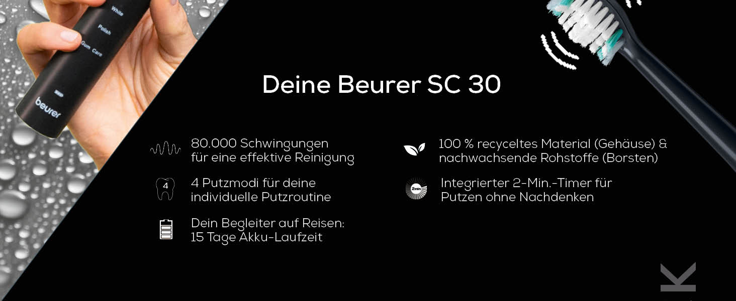 Електрична звукова зубна щітка Beurer SC 30 Jet Black: 4 режими чищення, 80 000 вібрацій, LED-дисплей та акустичний таймер, 2 насадки, еко-корпус