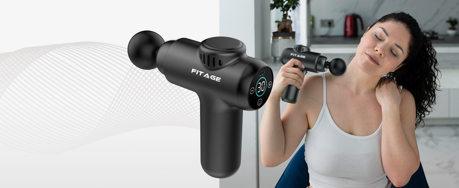 Перкусійний масажер FITAGE Massage Gun — Міні-масажна пістолет з 30 рівнями швидкості, 8 насадками для глибокого масажу м'язів спини, плечей та всього тіла, чорний