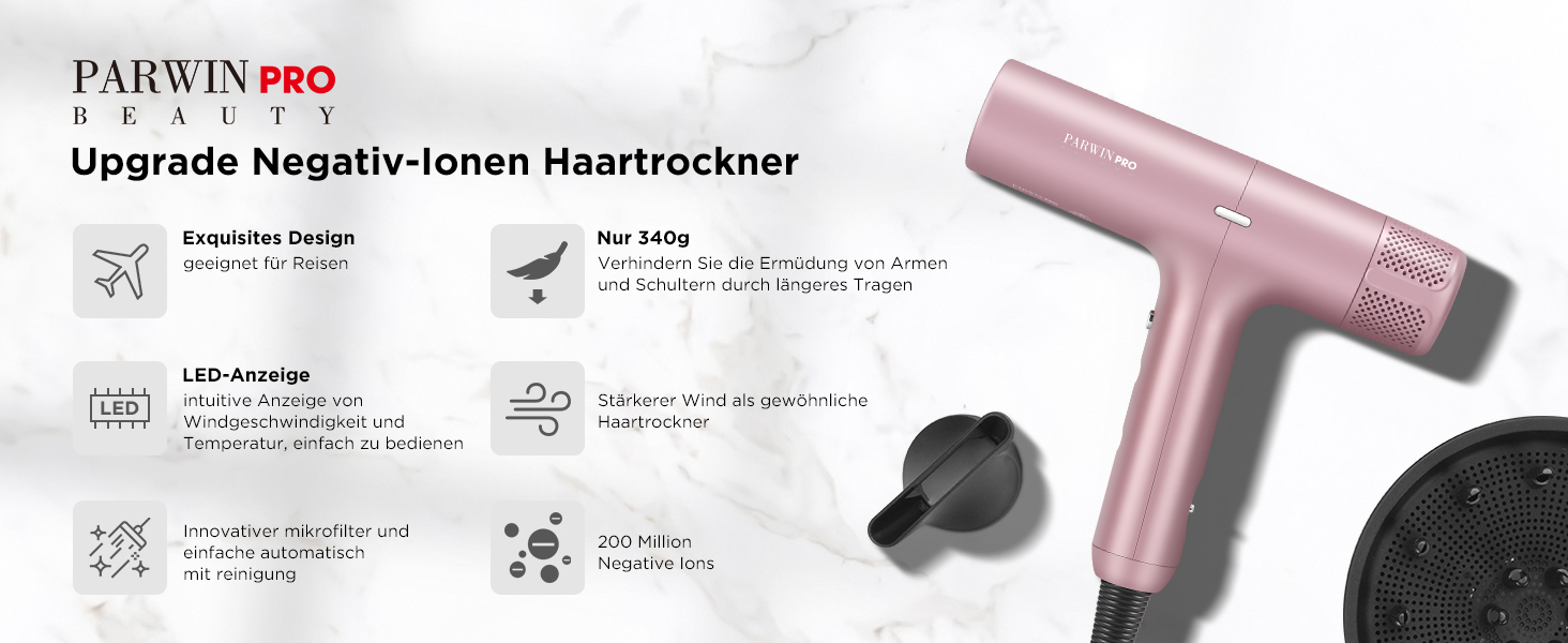 Професійний іонний фен для волосся PARWIN PRO BEAUTY з безщітковим двигуном 110,000 RPM, магнітним диффузором та LCD-дисплеєм, рожевий