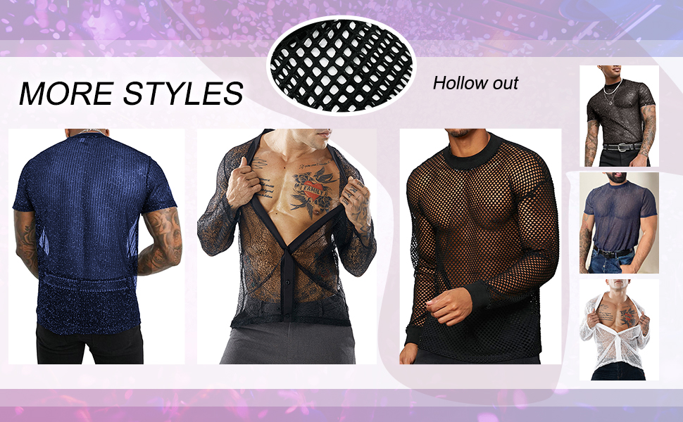 Чоловіча сітчаста сорочка/сітка, блискуче прозоре т-подібне мереживне сорочко з короткими рукавами, клубний стиль, літня мереживна кофта - XS-3XL, чорний S