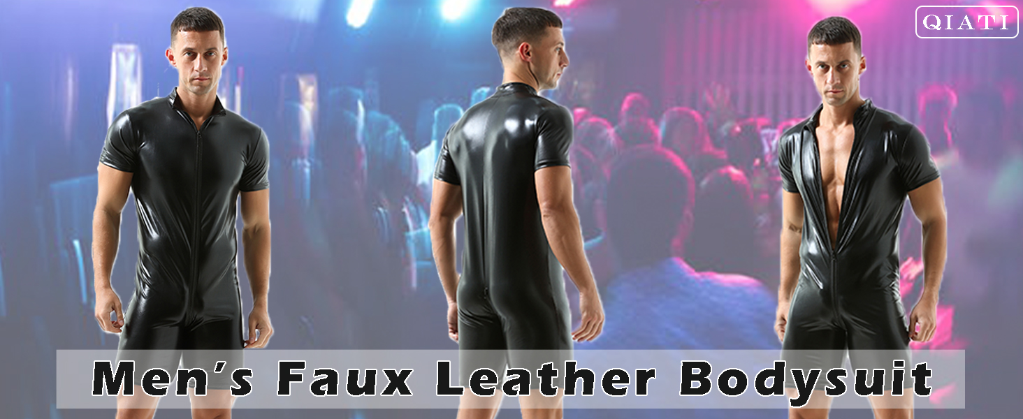 Чоловічі шорти QiaTi без рукавів з блискавкою, легінси з екошкіри, боді з двома кишенями для повсякденного та клубного стилю (XL, чорний)