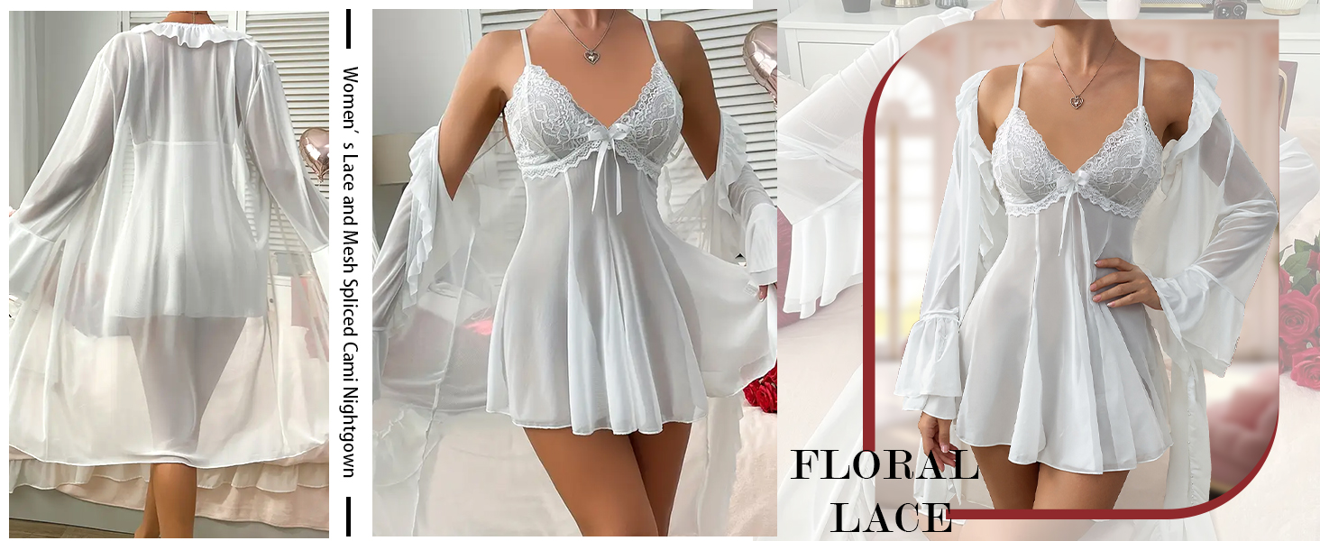 Жіночий комплект білизни AIEOE: мереживний халат-бандаж, нічна сорочка, babydoll, чорний