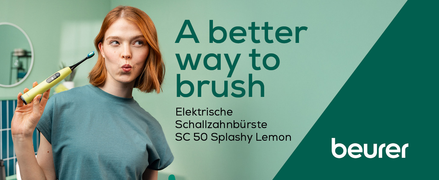 Електрична сонічна зубна щітка Beurer SC 30, 4 режими чищення, 80 000 вібрацій, LED-дисплей, таймер зон, колір Splashy Lemon, 2 насадки