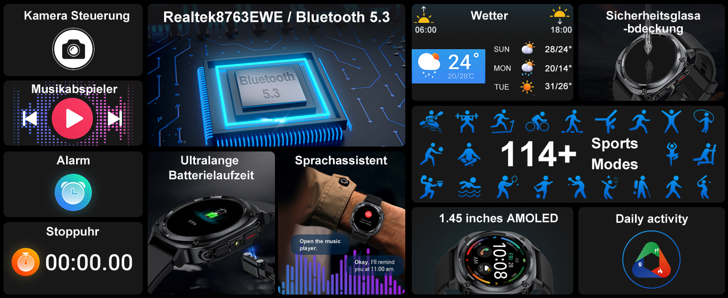 Смарт-годинник TIMU для чоловіків, 1.45' AMOLED дисплей, можливість дзвінків, 115+ спортивних режимів, моніторинг пульсу, сну та крокомір, водонепроникність IP68