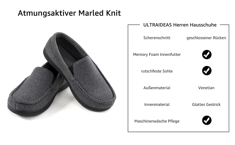 Чоловічі домашні капці ULTRAIDEAS з ефектом пам'яті (Memory Foam), дихаючі в'язані тапочки з протиковзаючою гумовою підошвою, сірі, розмір 43 EU