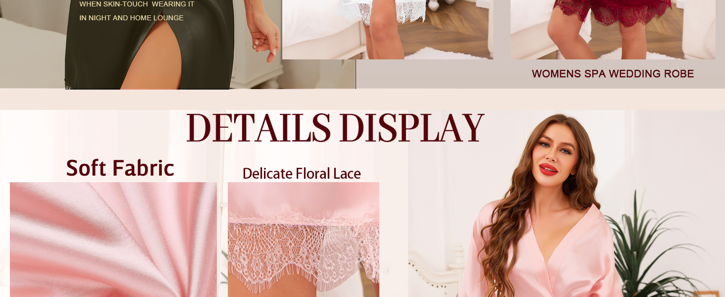 Халат жіночий Lovasy Satin з короткими рукавами, стиль кімоно, мереживо, сексуальний, для вечірки, весілля, з поясом, фіолетовий, червоний, L