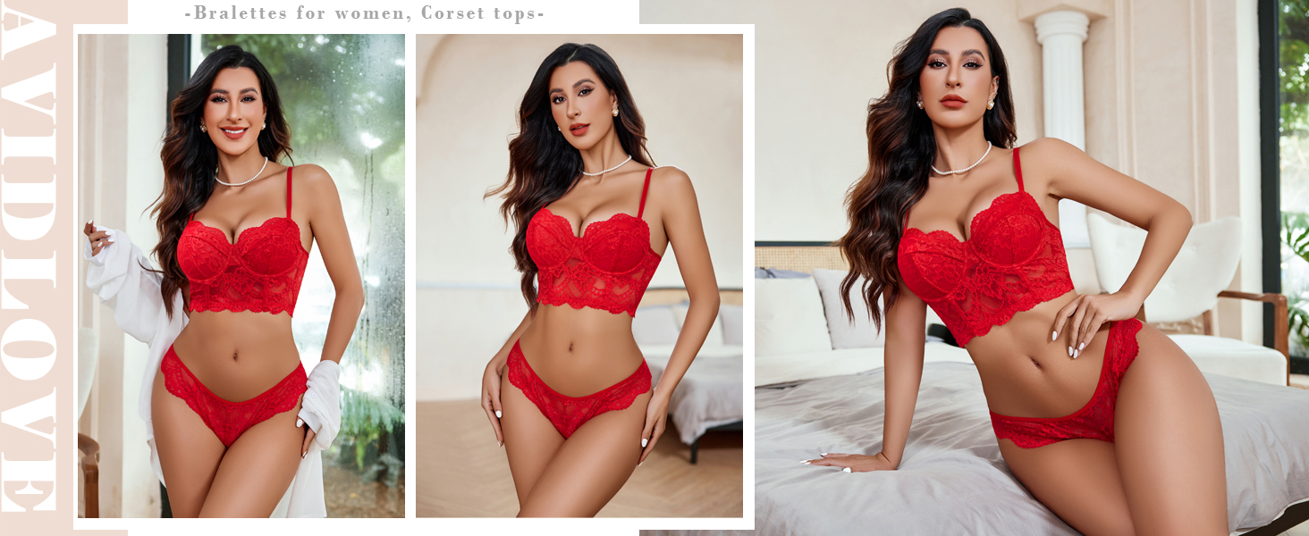 Avidlove Комплект нижньої білизни для жінок: мереживний бюстгальтер з кісточками та трусики Push-up, чорний