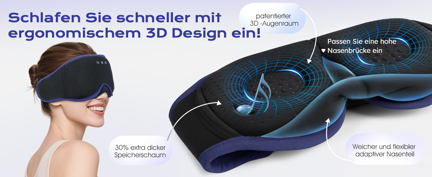 Маска для сну з Bluetooth-навушниками LC-dolida V5.4, дихаюча 3D маска для очей з мікрофоном, бавовняна мийна пов'язка для сну, подорожей та медитації (Ultramarin)